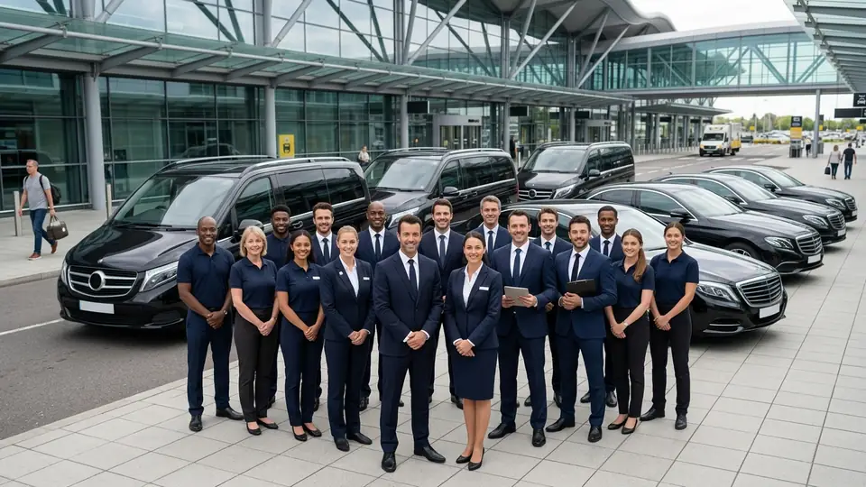 Group of minicab drivers in front of their vehicles