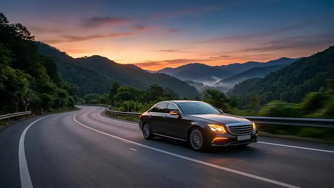 Black saloon car driving on an open road at sunset